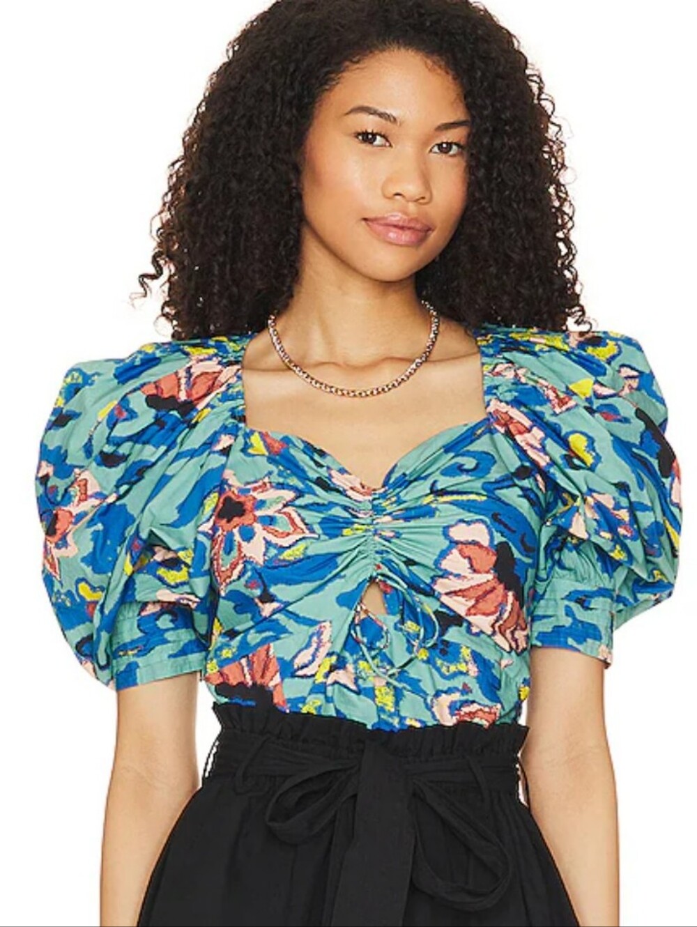Cleobella Ayla Calypso Blue Floral Puff-Sleeve Ruched Crop Top - Blue Size M